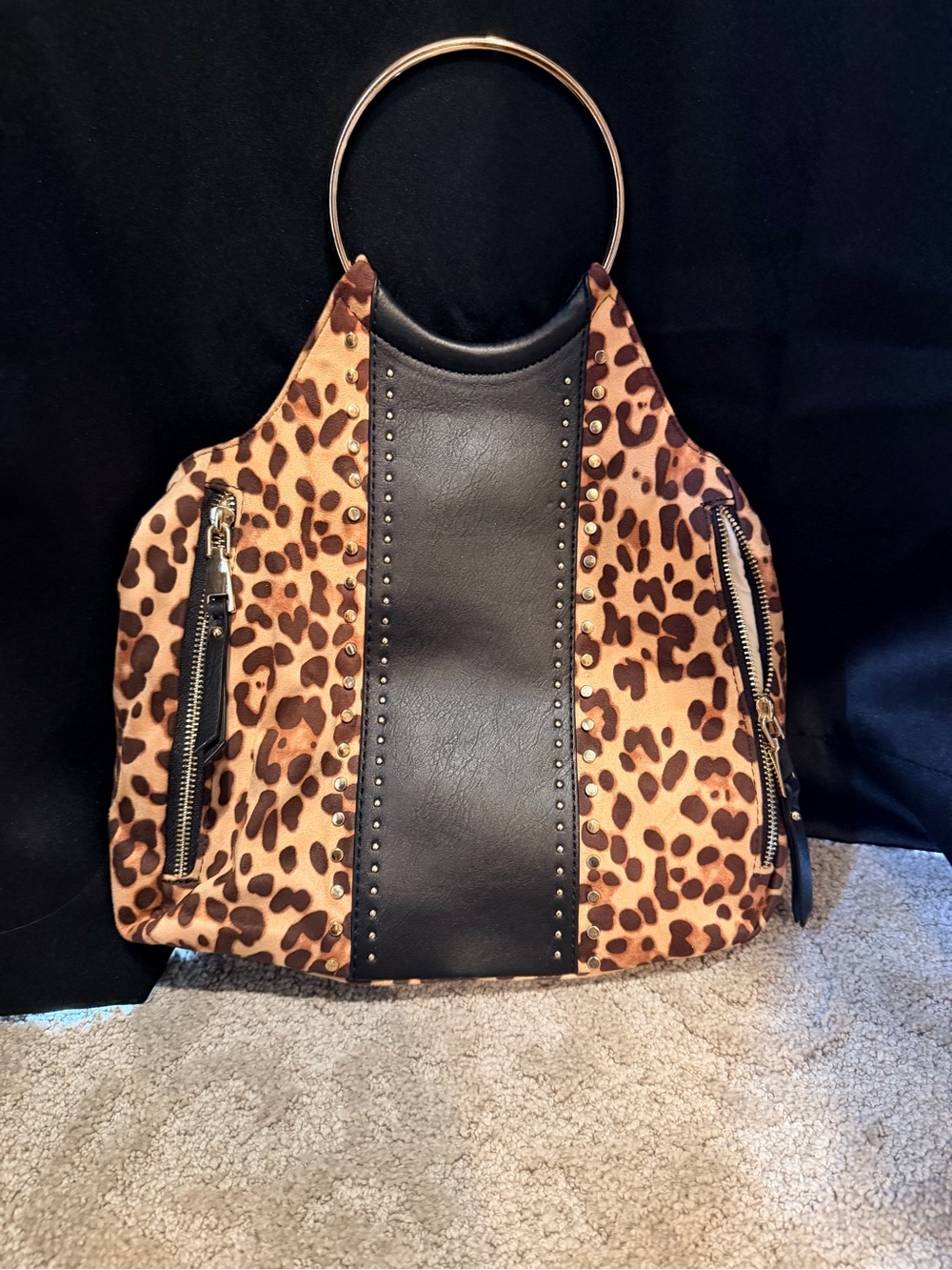 Leopard Print Ring-Handle Tote Bag - Black Accent